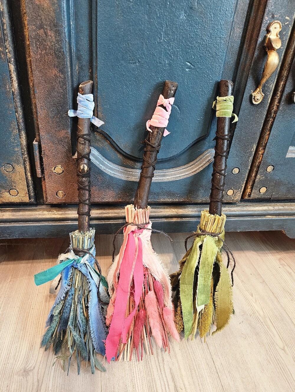 Set of 3 Decorative Mini Brooms in Blue, Pink, and Green